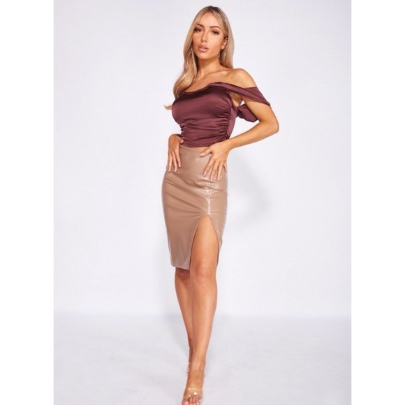 Brown Satin Silk Draped Short Sleeve Off Shoulder Ruched Crop Top - Picture 6 of 13
